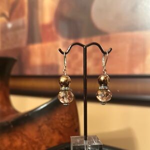 Brown and Silver Drop Earrings with Crystal Beads